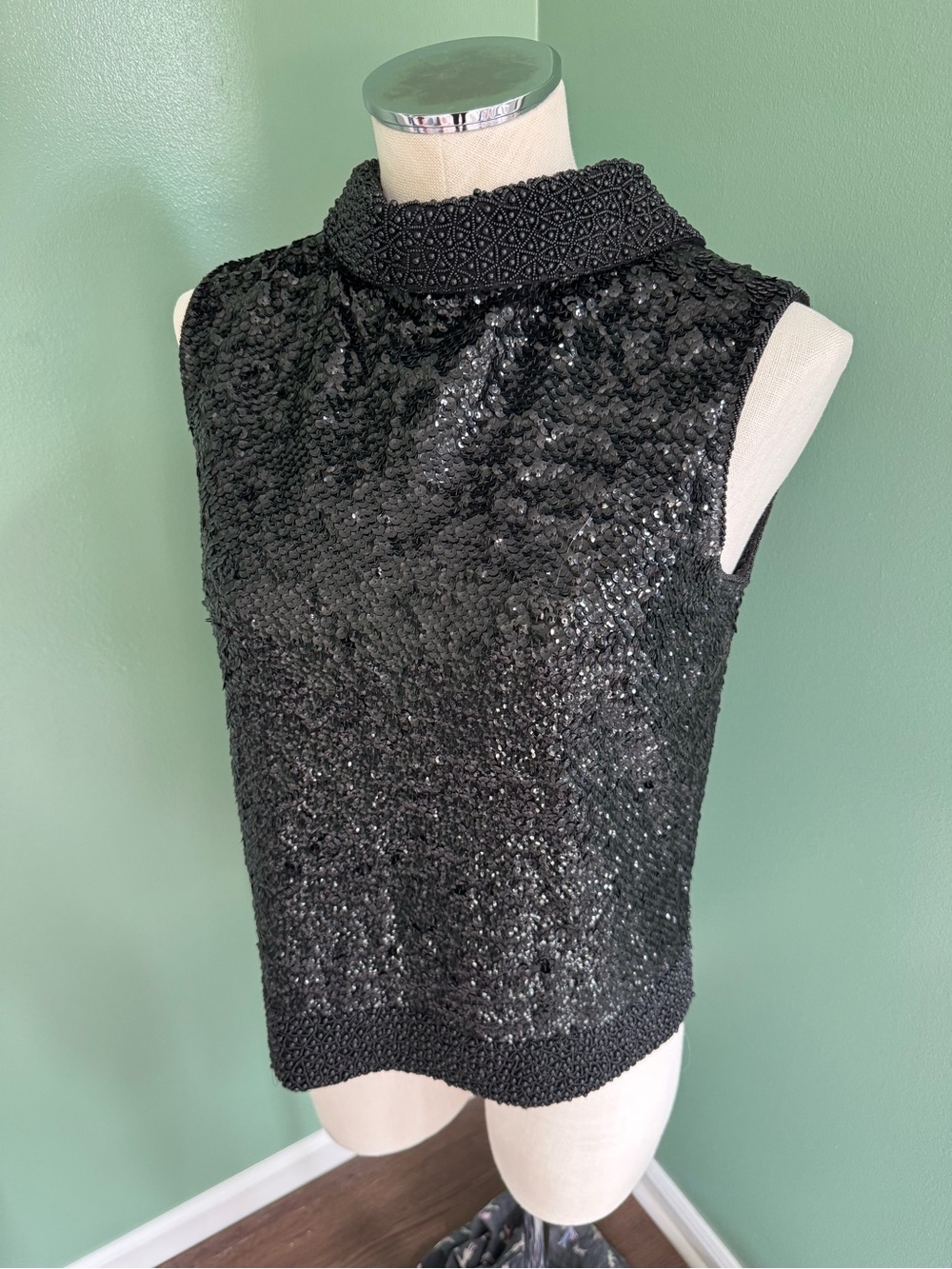 Vintage Black Sequin Sleeveless Beaded Collar Top